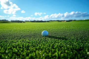 pristine golf scene gleaming white ball nestled in vivid green grass set against a crystalclear blue sky crisp details and vibrant colors evoke the serenity and precision of the sport