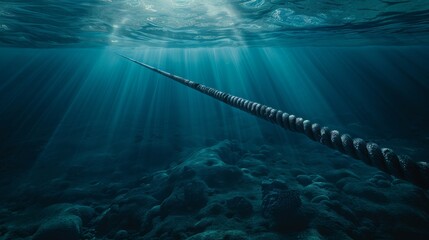 A thick undersea cable stretches into the depths of the ocean, bathed in ethereal sunlight filtering through the water, highlighting technological reach into nature's realm.