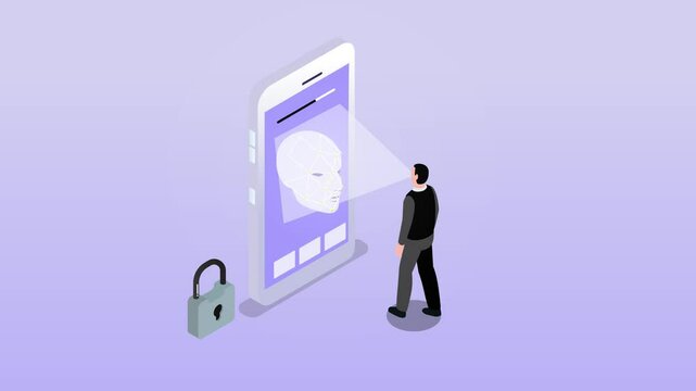 Face recognition on smartphone security 3d animation cartoon