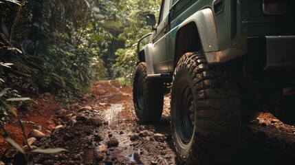 A sturdy off-road vehicle drives through a scenic, muddy trail in the dense forest, showcasing the thrill of navigating through rugged terrains and natural splendor.