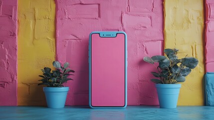 3d render cartoon character guy with blue skin wears pink shirt isolate3d on yellow backgroun3d smart phone with blank screen presentation