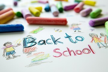 Un disegno infantile che raffigura una scuola, realizzato con pastelli colorati su un foglio bianco. Rappresenta l'entusiasmo e la gioia del ritorno a scuola, trasmettendo un senso di innocenza e crea