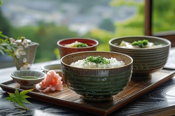 A traditional Japanese tea ceremony featuring a bowl of rice.
