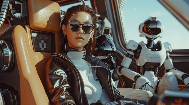 A powerful image of a woman with stylish sunglasses in a futuristic cockpit, flanked by two advanced robots.
