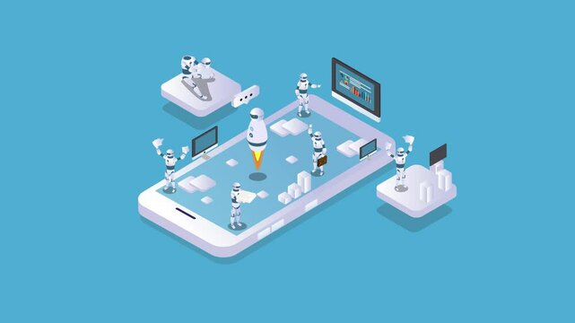Robot trading on stock market from mobile phone 3d animation cartoon