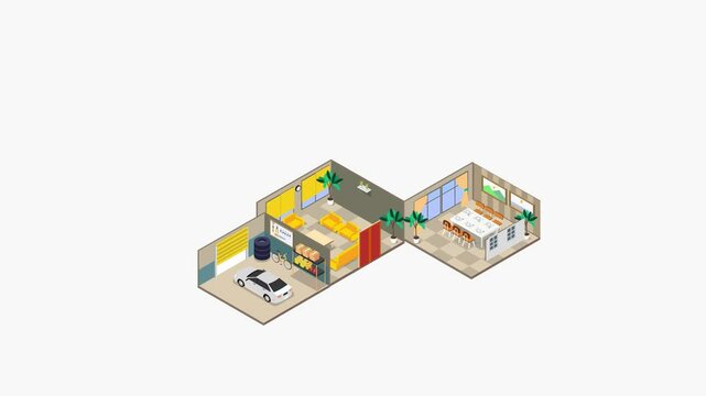 Modern house cross section with rooms 3d animation cartoon