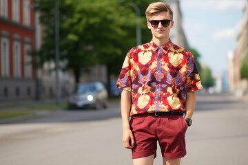 A man in a red shirt and shorts stands on a city street