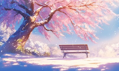 Serene Winter Park Scene: Anime-Style Snowy Landscape with Sunlit Bench Under Trees. Dreamy Cartoon Background for Holiday Marketing, Featuring Gentle Snowfall, Peaceful Atmosphere, and Radiant Sunbea