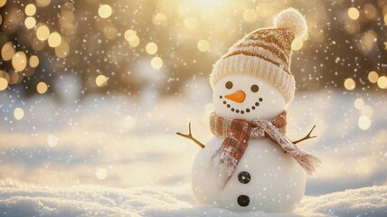 Winter holiday christmas background banner - Closeup of cute funny laughing snowman with wool hat and scarf, on snowy snow snowscape with bokeh lights, illuminated by the sun (Generative Ai) 