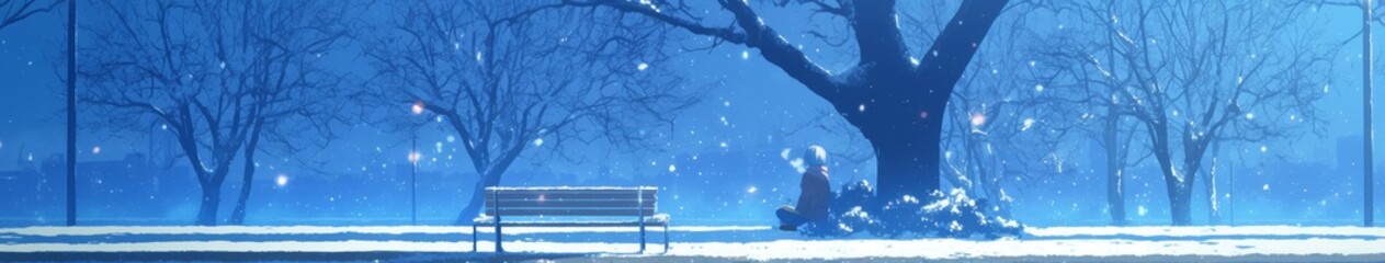 Obraz premium Serene Winter Park Scene: Anime-Style Snowy Landscape with Sunlit Bench Under Trees. Dreamy Cartoon Background for Holiday Marketing, Featuring Gentle Snowfall, Peaceful Atmosphere, and Radiant Sunbea