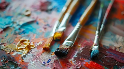 Obraz premium Close up of paints brushes and crayons used in art therapy