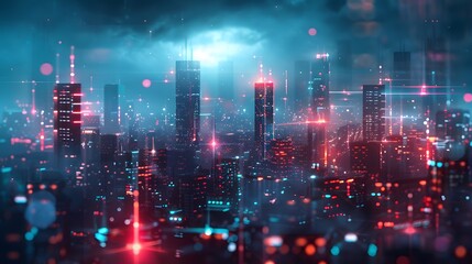 Futuristic cityscape with bokeh lights and neon colors, beautiful mind style