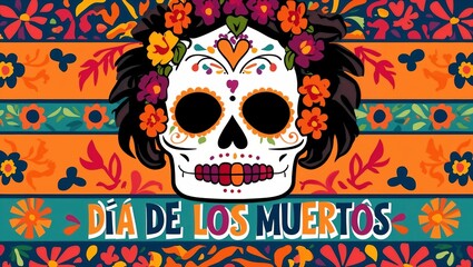 Vibrant Dia de los Muertos skull against a floral patterned background.