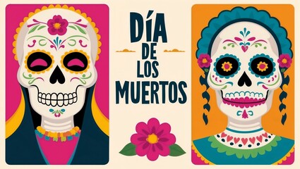 Colorful "Día de los Muertos" skulls with floral patterns against bright backgrounds.