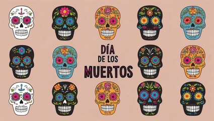 An array of colorful sugar skulls representing Día de los Muertos, set against a soft background.