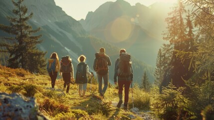 Obraz premium A group of friends enjoys a scenic mountain hike, basking in the golden rays of the sun with majestic peaks in the background.