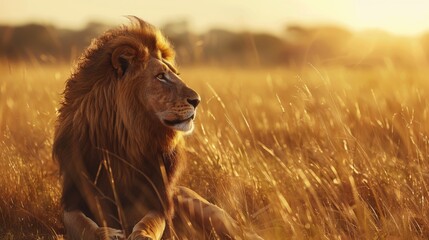 A majestic lion basks in the golden glow of the setting sun, surrounded by tall grass in a vast...