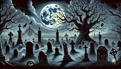 Haunted cemetery at night with eerie tombstones, ghostly figures, and a full moon.