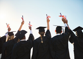 Graduation, diploma or back of students with degree at university for education, opportunity or...