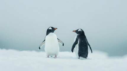 Two penguins stand on snowy ground, gazing into each other's eyes amidst gentle snowfall, capturing a moment of connection and tranquility in the icy landscape.