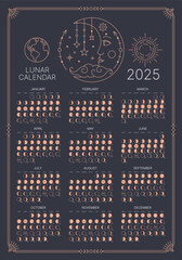 2025 Lunar Calendar, Moon Phase and Cycle Schedule Astrological pocket calendar design template. Lunar monthly cycle poster dark night background vector illustration