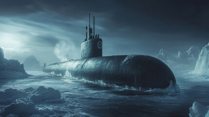Military submarine surfacing in icy waters, dramatic lighting, realistic style