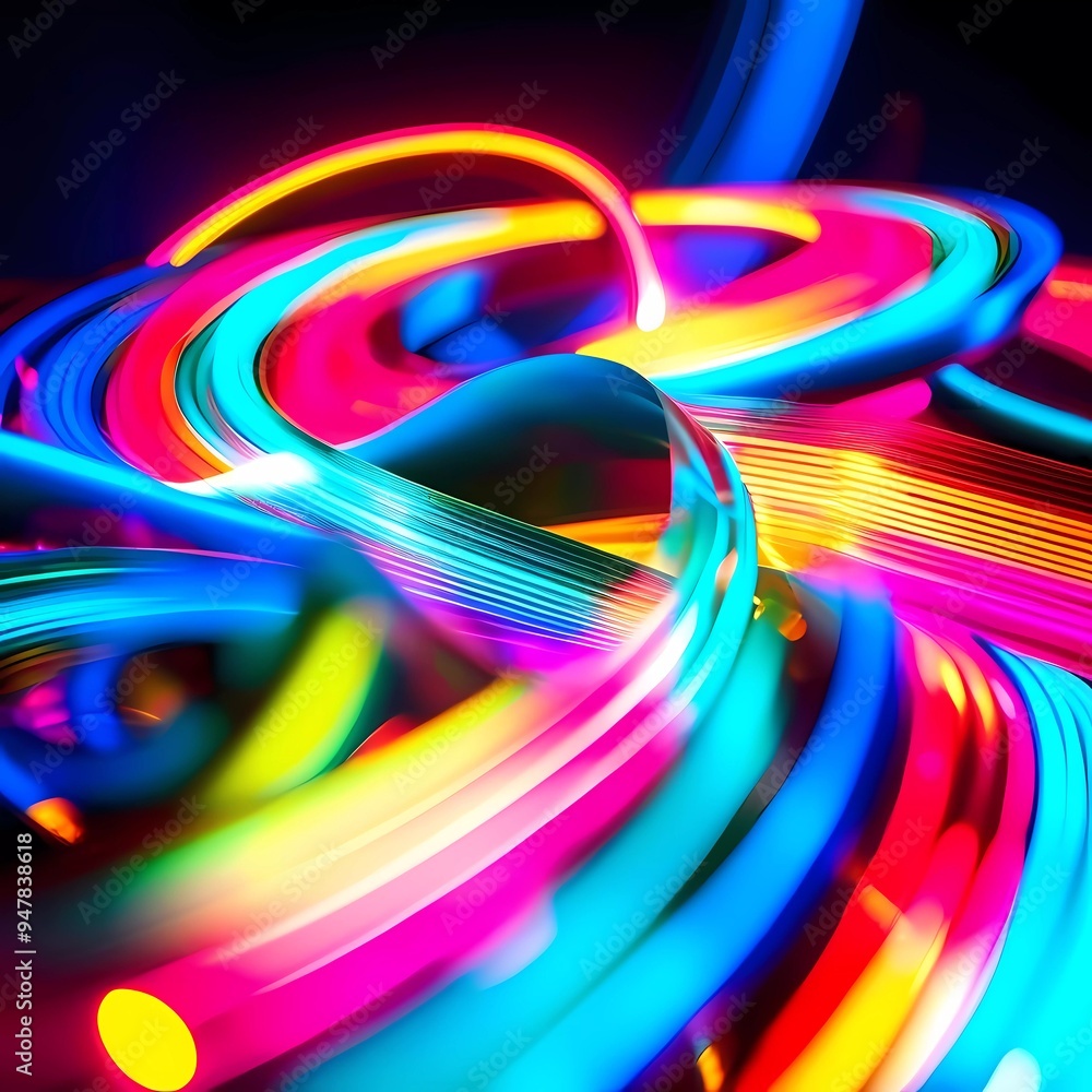 Poster abstract composition vibrant fluorescent colors blending seamlessly in swirling patterns creates dyn