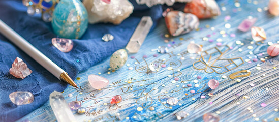 Fototapeta premium Astrology. Astro Astrologer calculates natal chart makes forecast of fate Tarot cards, Fortune telling on tarot cards magic crystal, occultism, Esoteric background. Fortune telling,tarot predictions