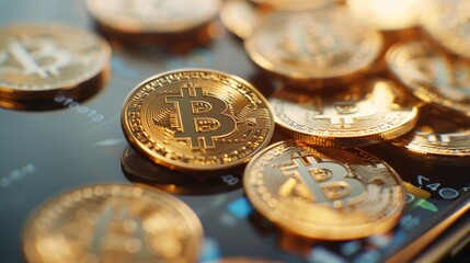 A collection of Bitcoin tokens scattered on a reflective surface, symbolizing the rise and value of cryptocurrency in the modern economy.