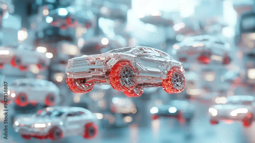 Poster futuristic floating cars on abstract pathways in surreal environment - ultra detailed 32k rendering 