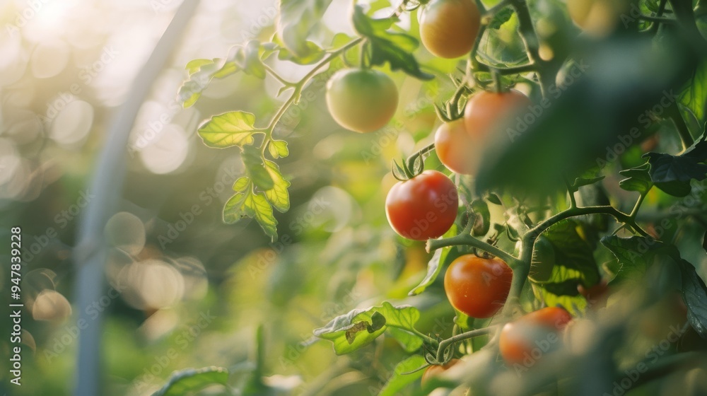 Wall mural Sun-drenched tomato plants in a lush garden, displaying vibrant red and green tomatoes ready for harvest amidst rich greenery and soft bokeh background.