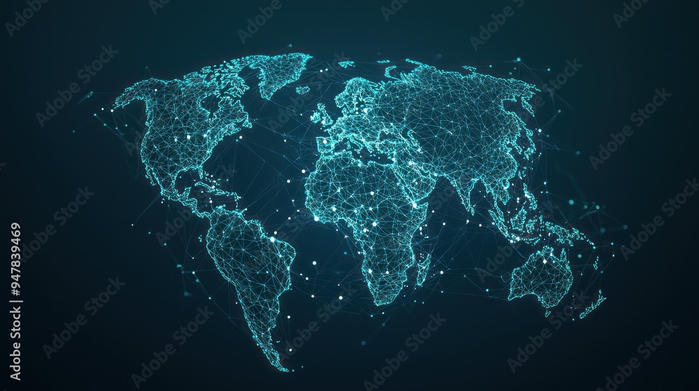 Poster luminous global connectivity: abstract 32k map with glowing transport routes in deep blues and green