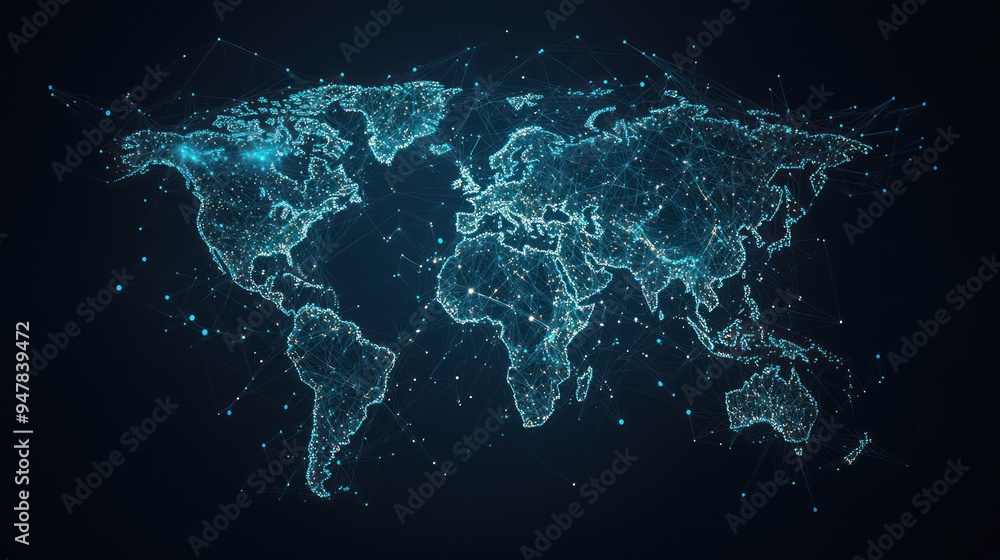 Poster glowing global connectivity - abstract map with ultra detail and transport routes in deep blues and 