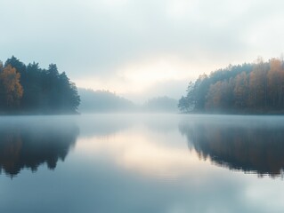 Fototapeta premium Drifting fog over a still lake at dawn, foggy weather, calm and ethereal