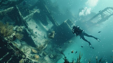 A diver explores an ethereal underwater shipwreck, surrounded by marine life and vibrant corals, evoking a sense of mystery and adventure beneath the waves.