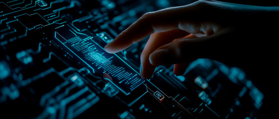 Hand touching a digital business tech icon, representing advanced analytics.