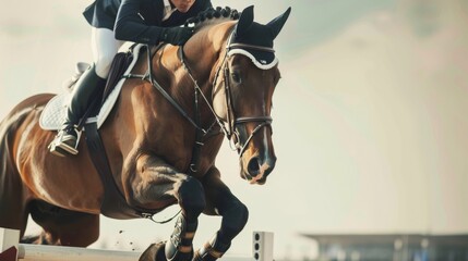 Obraz premium A focused equestrian and their horse gracefully clearing a jump during a showjumping competition, exuding precision and elegance.
