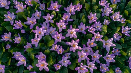 Saffron Crocuses in Full Bloom Aerial Drone Captures Vibrant Purple Flowers Against Lush Greenery
