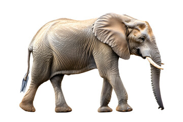 Fototapeta premium Laufender Afrikanischer Elefant von der Seite, auf weißem HIntergrund, erstellt mit generativer KI