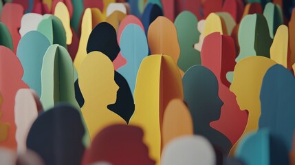 Multi-colored cardboard cutouts of human figures densely packed together, creating a vibrant, abstract community representation.