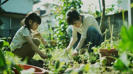 A mother and child engage in gardening, tenderly planting in the soil amid a lush, vibrant garden on a sunny day, illustrating care and togetherness.