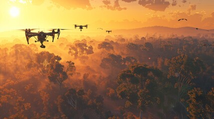 Sunrise Reforestation Drone Technology Restoring Nature with Seed Pods in Deforested Landscape