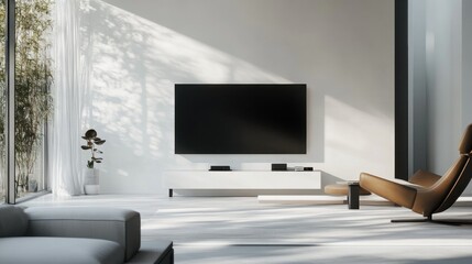 Stylish minimalist living room, highlighting a large TV on a white wall, with minimalistic furniture and a serene, monochromatic palette.