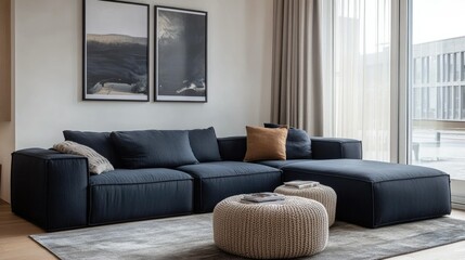Fototapeta premium Stylish Scandinavian home interior, showing a dark blue corner sofa with two knitted poufs, set in a modern living room with soft, neutral tones.