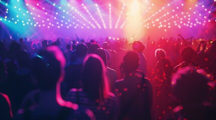 Obraz premium Crowd under neon lights, bokeh effect and beautiful mind visuals, rave atmosphere