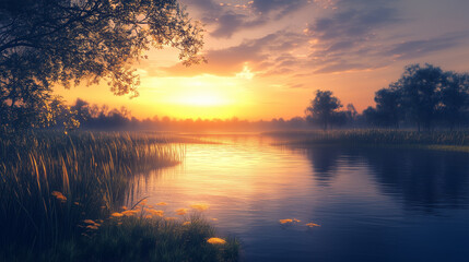 A golden hour sunset over a peaceful river, with the sky shifting from warm orange to deep blue.