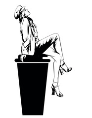 hand-drawn Hand drawn beautiful young woman sitting on large plastic coffee cup