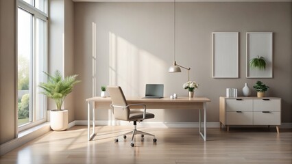 Minimalist Morning Office Scene Dawn Breakthrough luminous Moody Pastel Hues Empty Space Modern Simple Furniture Understated Elegance Soft Focus Shallow Depth Selective Blurred Background Clean Desk