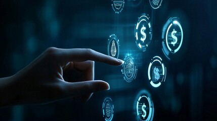 Exploring Digital Finance: Hand Interacting with Money Icons on a Dark Blue Background for Online Product Management