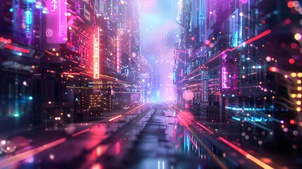 Fototapeta premium Futuristic Cityscape with Neon Lights and Digital Effects